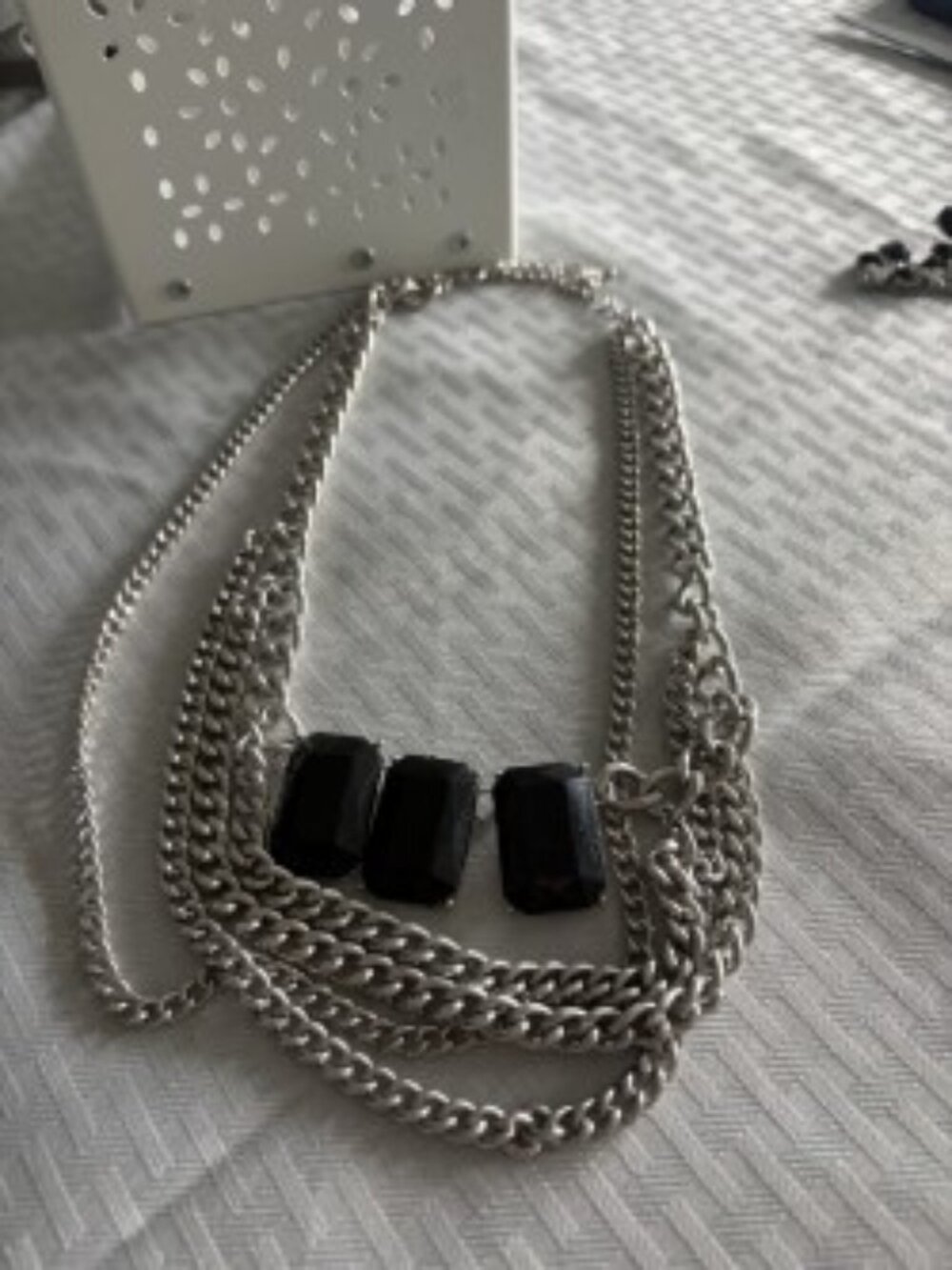 Women’s Multi-Layer Silver Costume Chain with Black Emerald Cut Faux-Jewels